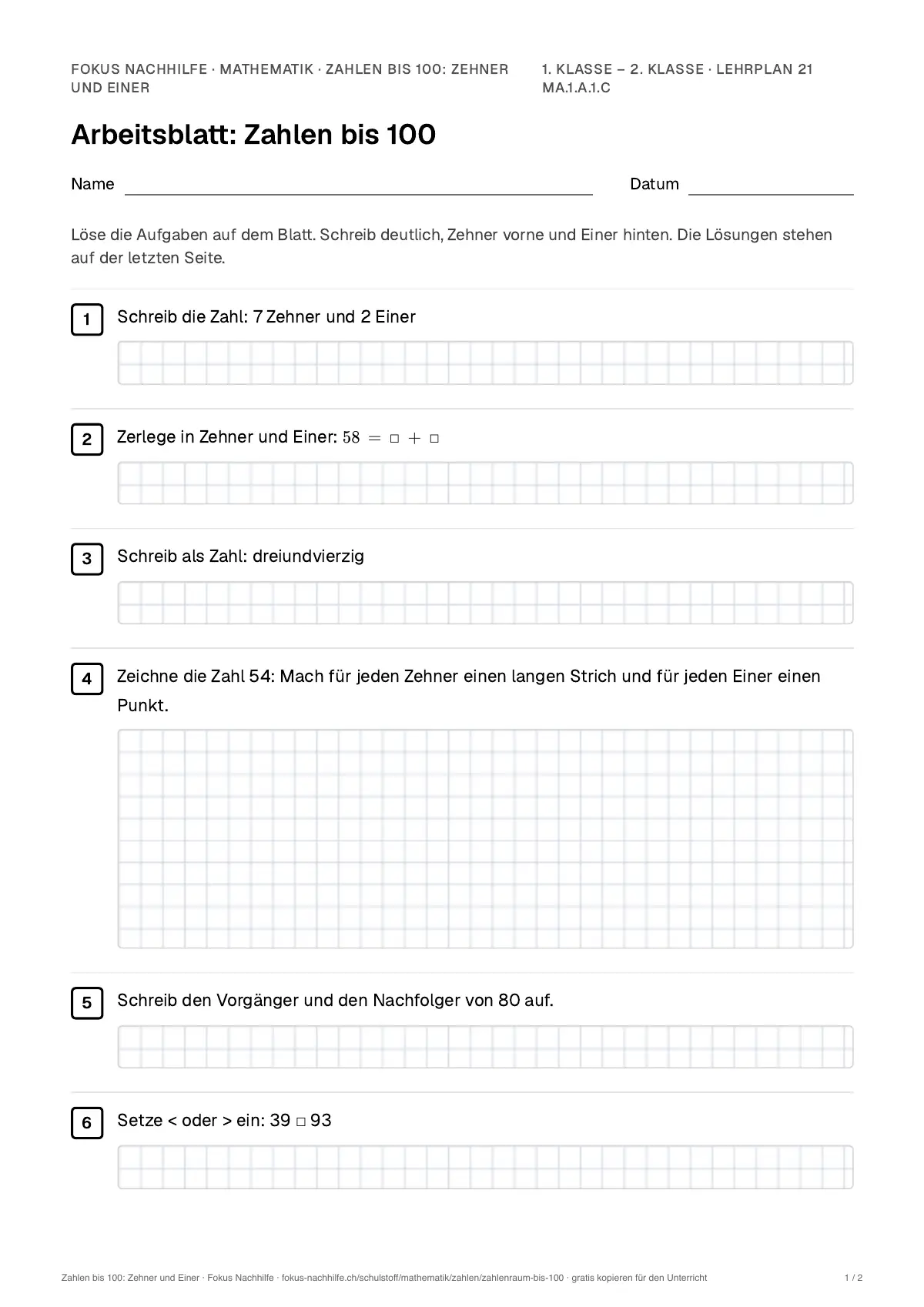 Arbeitsblatt Zahlen bis 100: Zehner und Einer zum Ausfüllen mit Name und Datum: erste Seite, mit Lösungsblatt