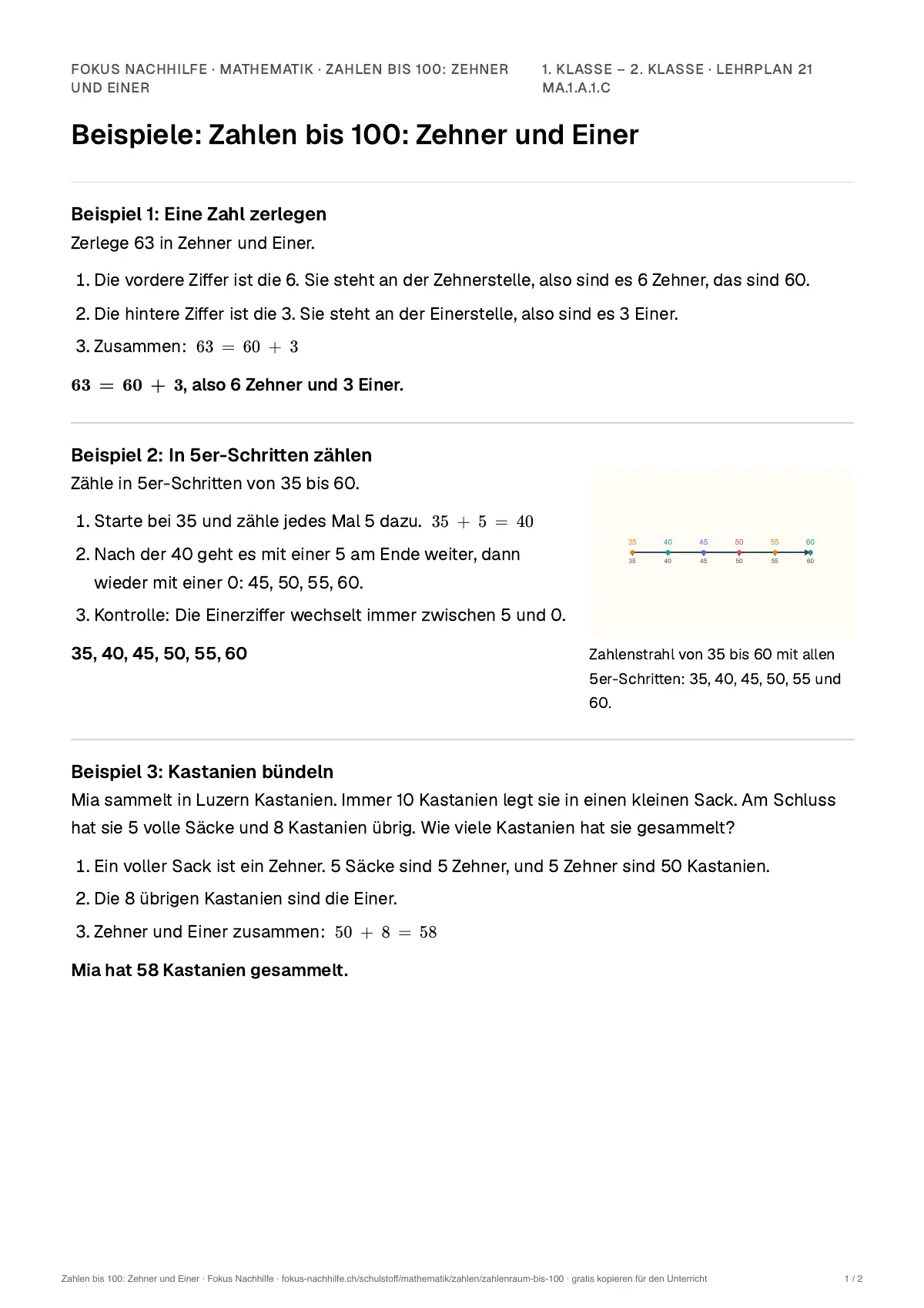 Beispiele Zahlen bis 100: Zehner und Einer zum Ausdrucken: erste Seite, Aufgaben Schritt für Schritt gelöst