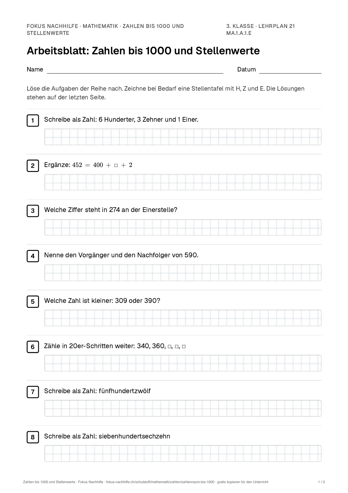 Arbeitsblatt Zahlen bis 1000 und Stellenwerte zum Ausfüllen mit Name und Datum: erste Seite, mit Lösungsblatt