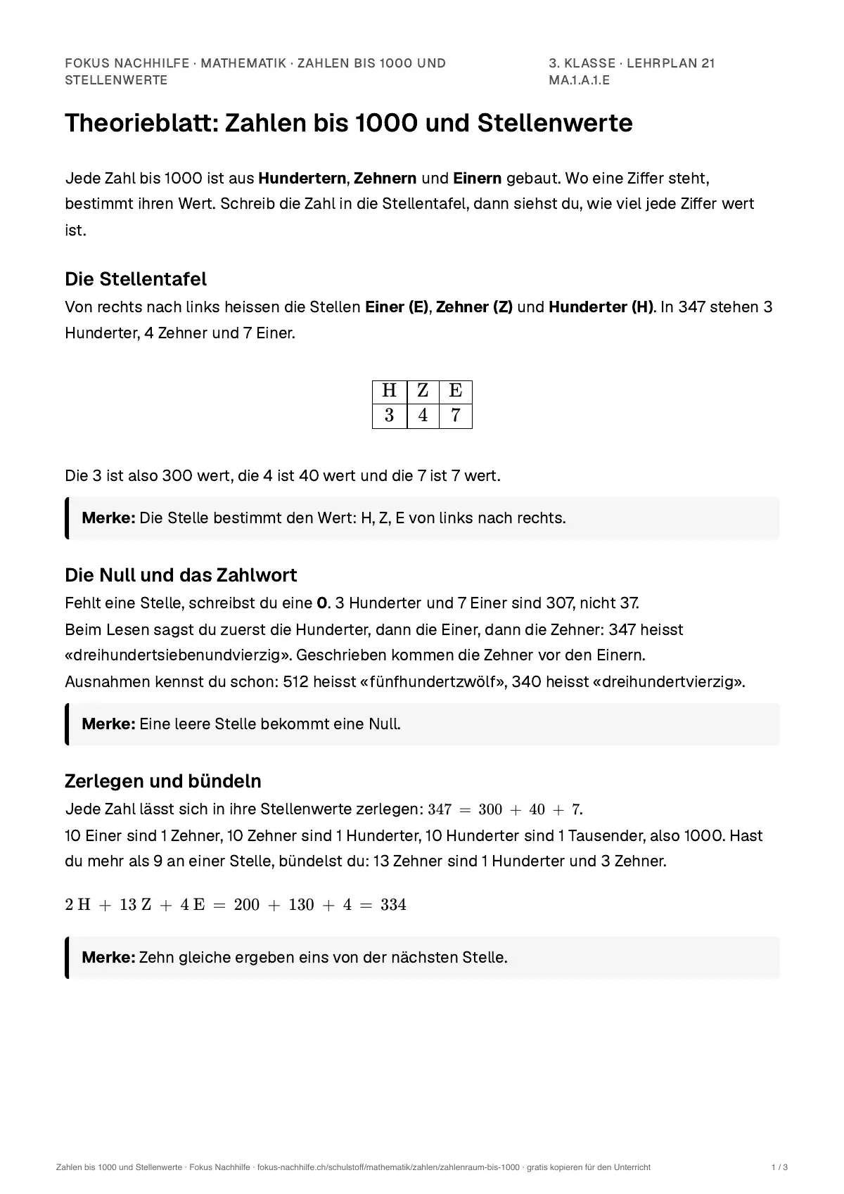Theorieblatt Zahlen bis 1000 und Stellenwerte zum Ausdrucken: erste Seite der Erklärung