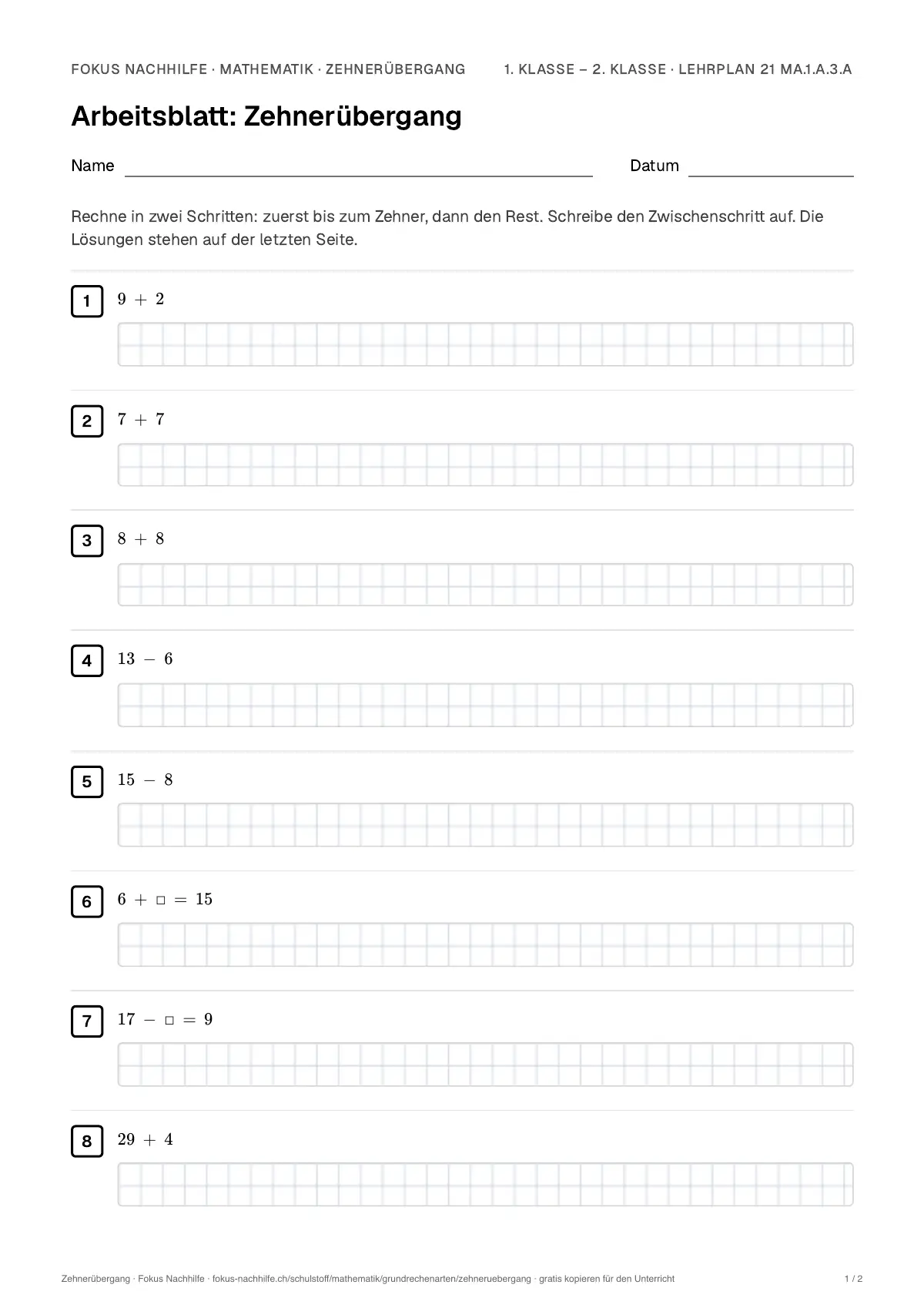 Arbeitsblatt Zehnerübergang zum Ausfüllen mit Name und Datum: erste Seite, mit Lösungsblatt