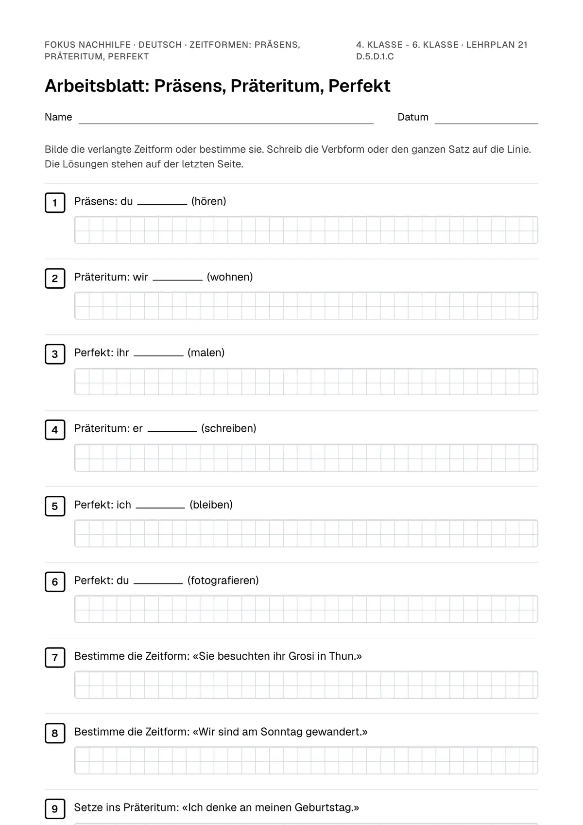 Arbeitsblatt Zeitformen: Präsens, Präteritum, Perfekt zum Ausfüllen mit Name und Datum: erste Seite, mit Lösungsblatt