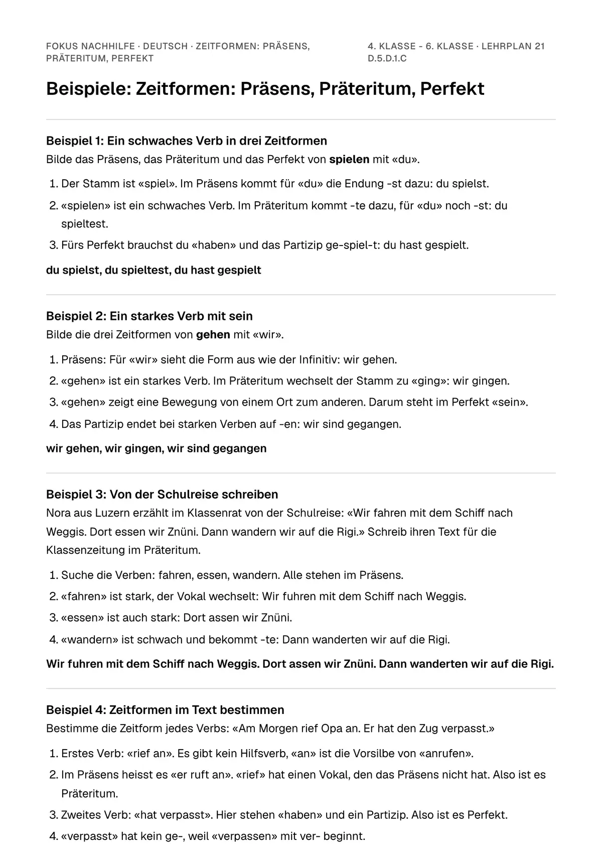 Beispiele Zeitformen: Präsens, Präteritum, Perfekt zum Ausdrucken: erste Seite, Aufgaben Schritt für Schritt gelöst