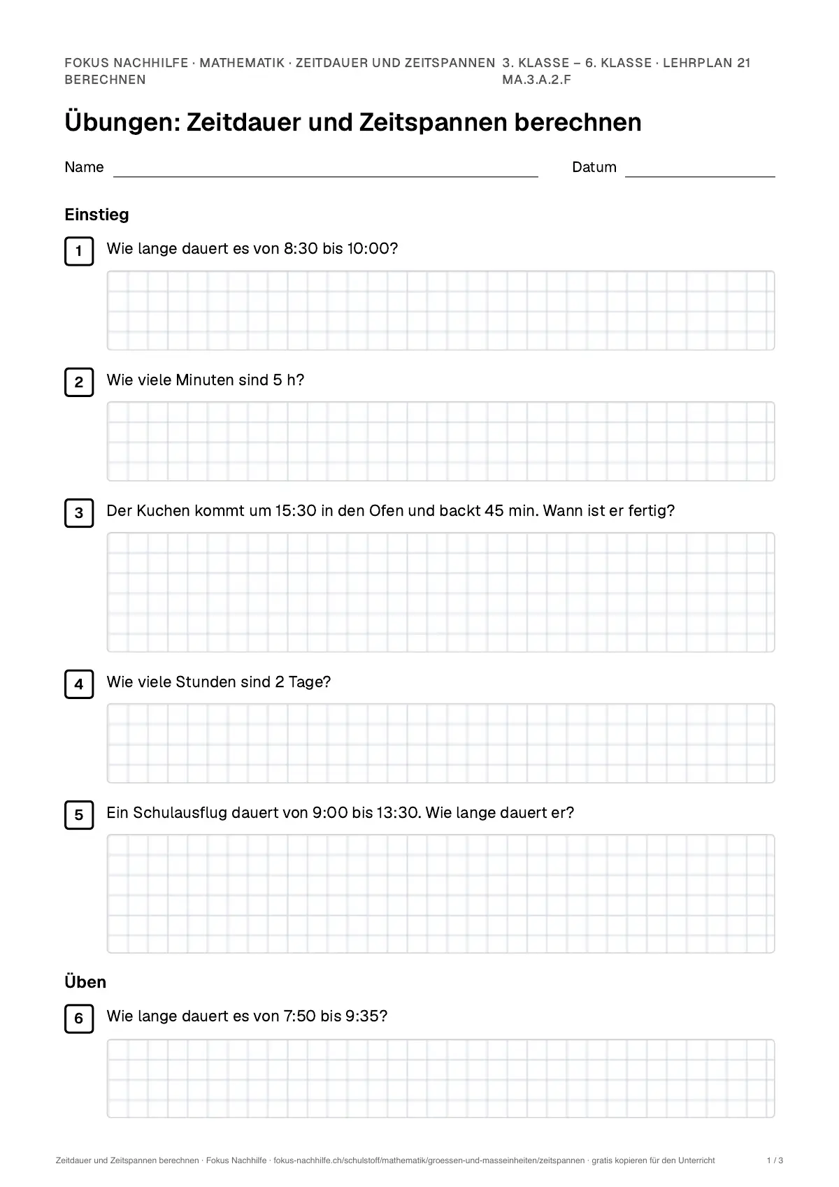 Übungsblatt Zeitdauer und Zeitspannen berechnen zum Ausdrucken: erste Seite der Übungen, Lösungen auf eigenem Blatt