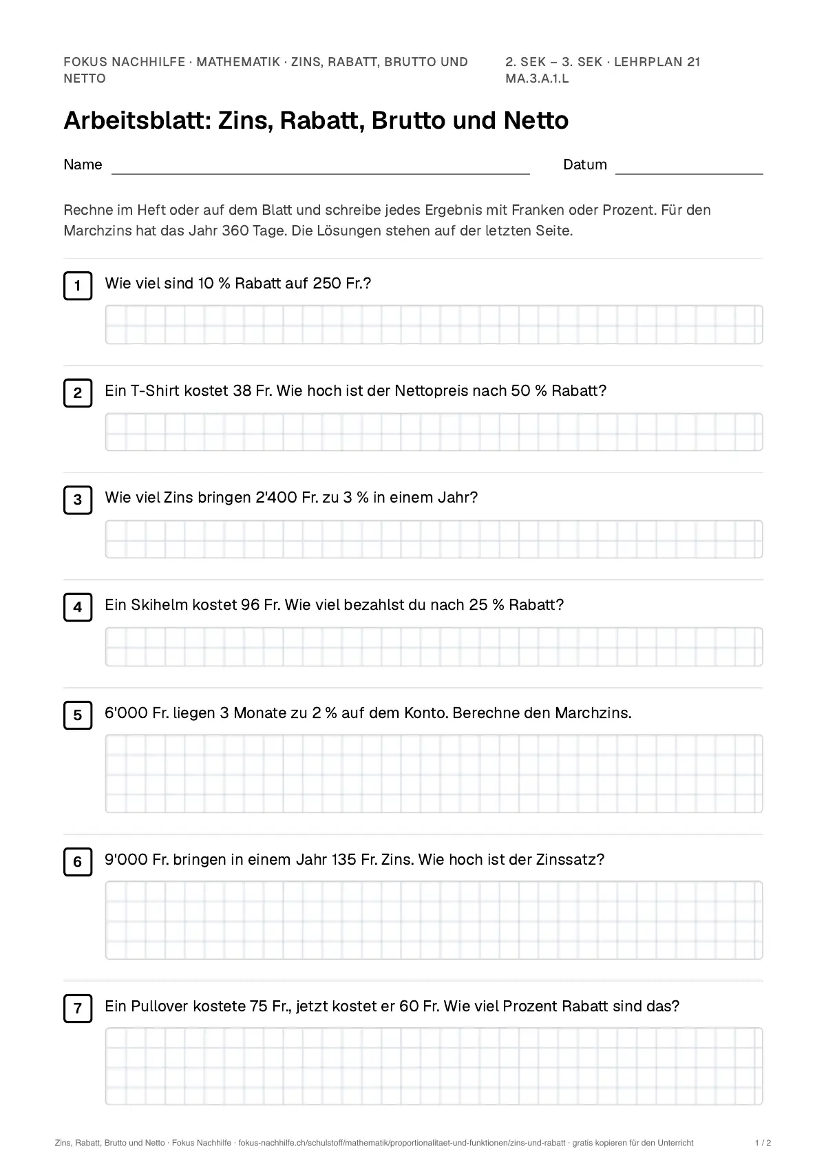 Arbeitsblatt Zins, Rabatt, Brutto und Netto zum Ausfüllen mit Name und Datum: erste Seite, mit Lösungsblatt