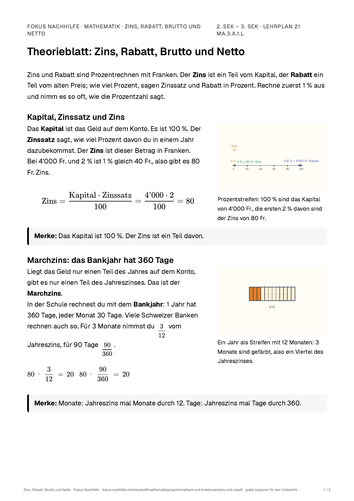 Theorieblatt Zins, Rabatt, Brutto und Netto zum Ausdrucken: erste Seite der Erklärung