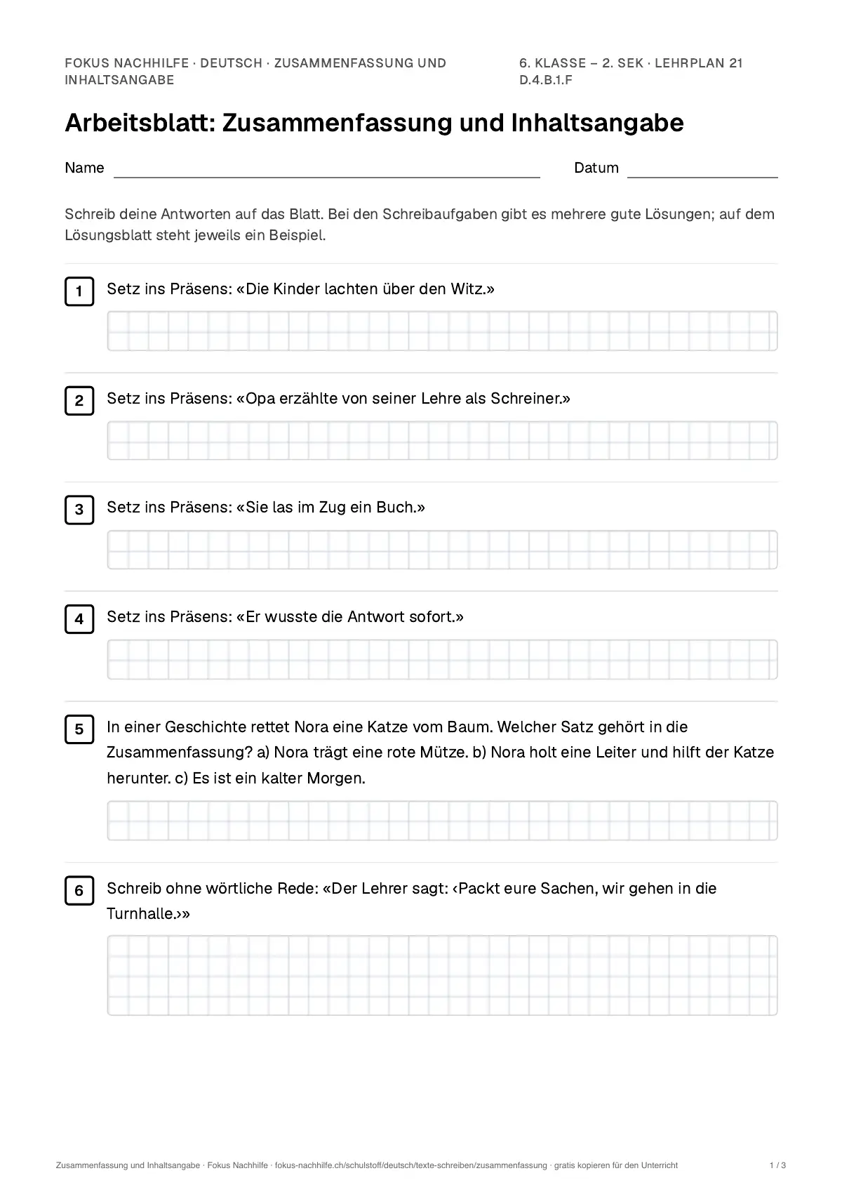 Arbeitsblatt Zusammenfassung und Inhaltsangabe zum Ausfüllen mit Name und Datum: erste Seite, mit Lösungsblatt