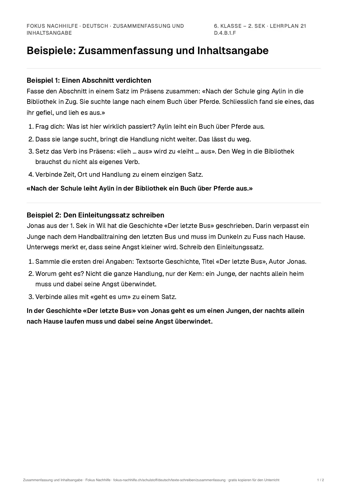 Beispiele Zusammenfassung und Inhaltsangabe zum Ausdrucken: erste Seite, Aufgaben Schritt für Schritt gelöst
