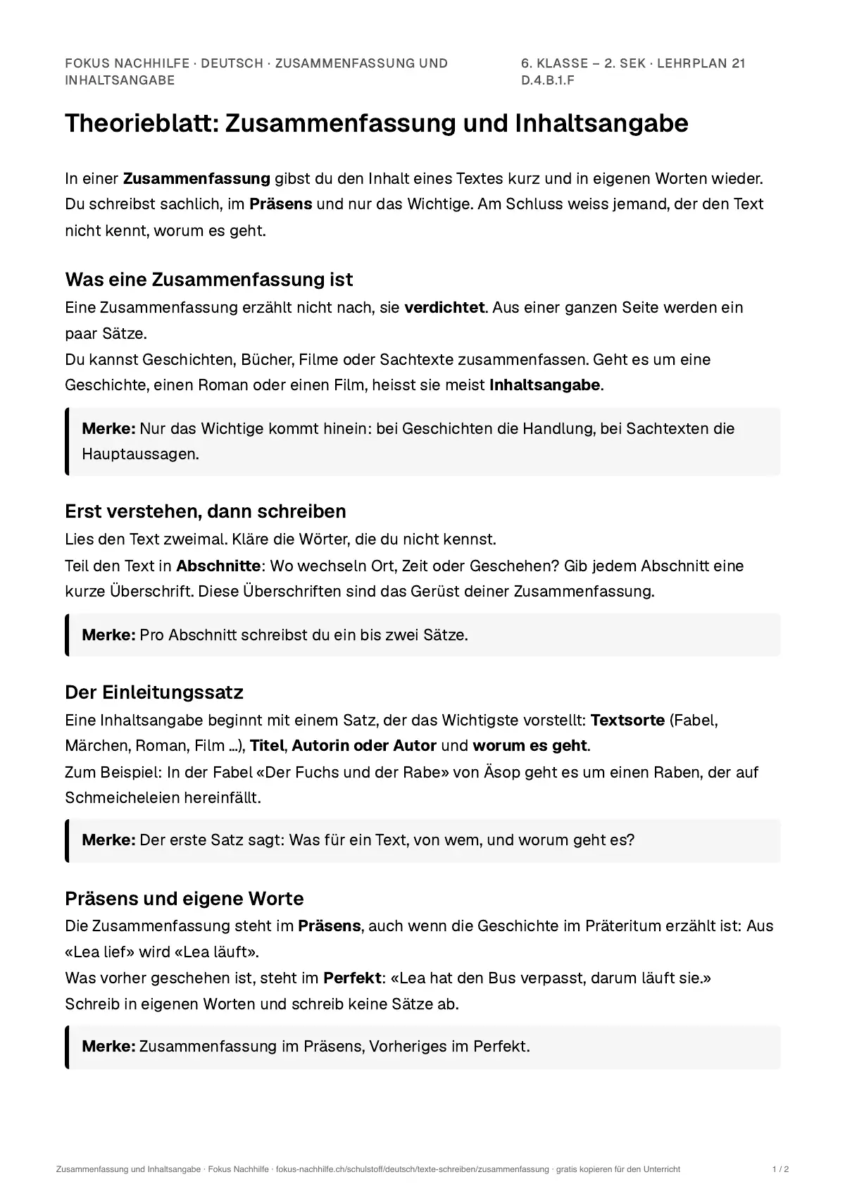 Theorieblatt Zusammenfassung und Inhaltsangabe zum Ausdrucken: erste Seite der Erklärung