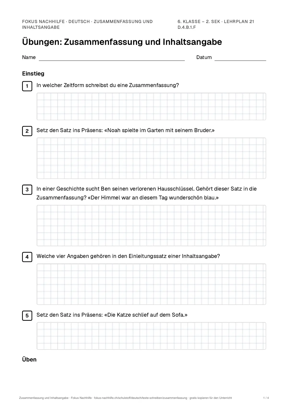 Übungsblatt Zusammenfassung und Inhaltsangabe zum Ausdrucken: erste Seite der Übungen, Lösungen auf eigenem Blatt