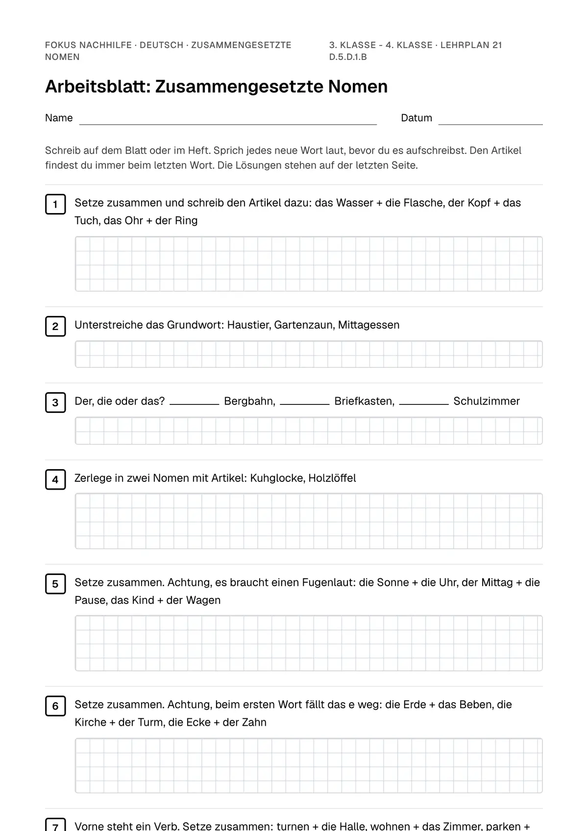 Arbeitsblatt Zusammengesetzte Nomen zum Ausfüllen mit Name und Datum: erste Seite, mit Lösungsblatt