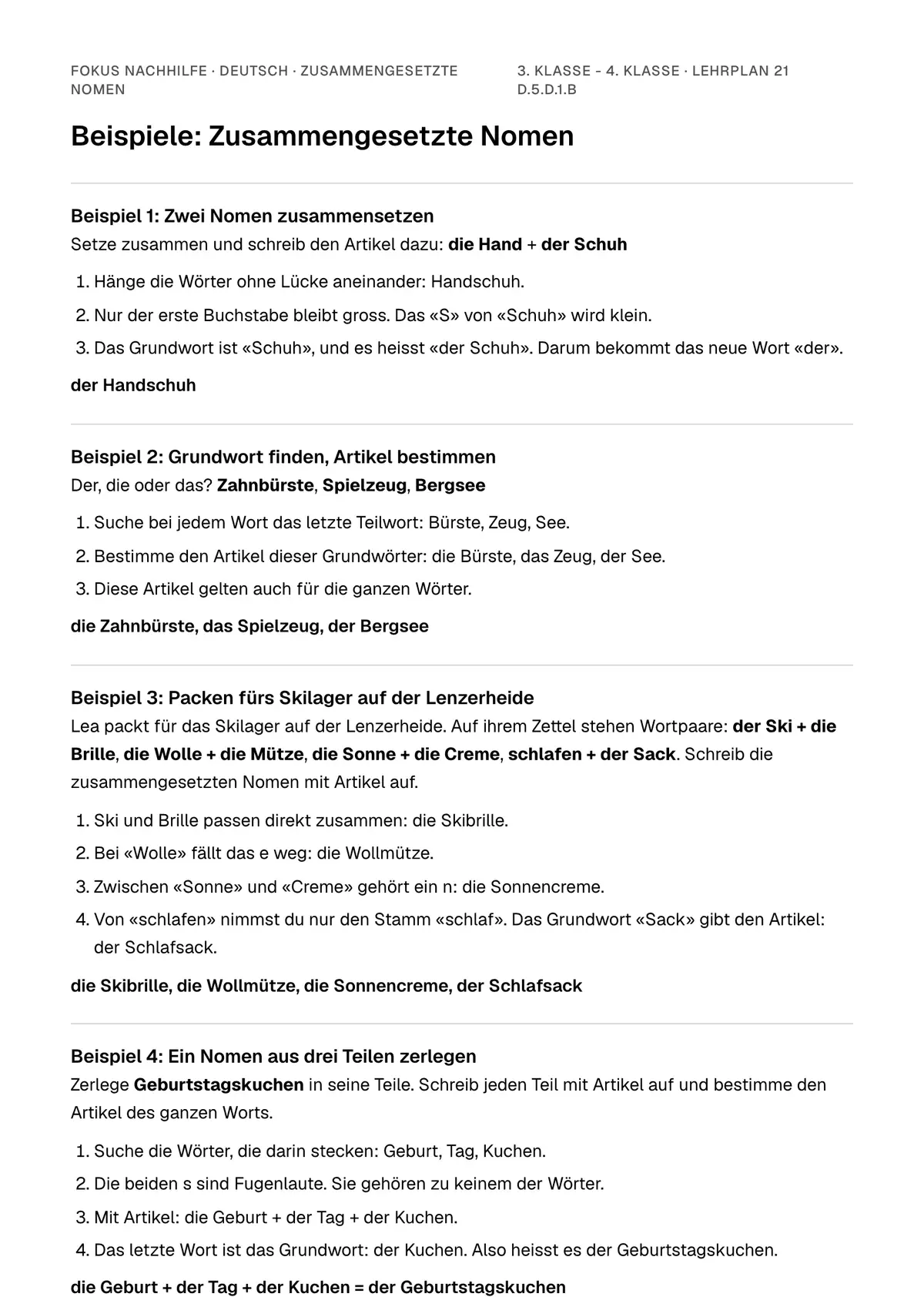 Beispiele Zusammengesetzte Nomen zum Ausdrucken: erste Seite, Aufgaben Schritt für Schritt gelöst