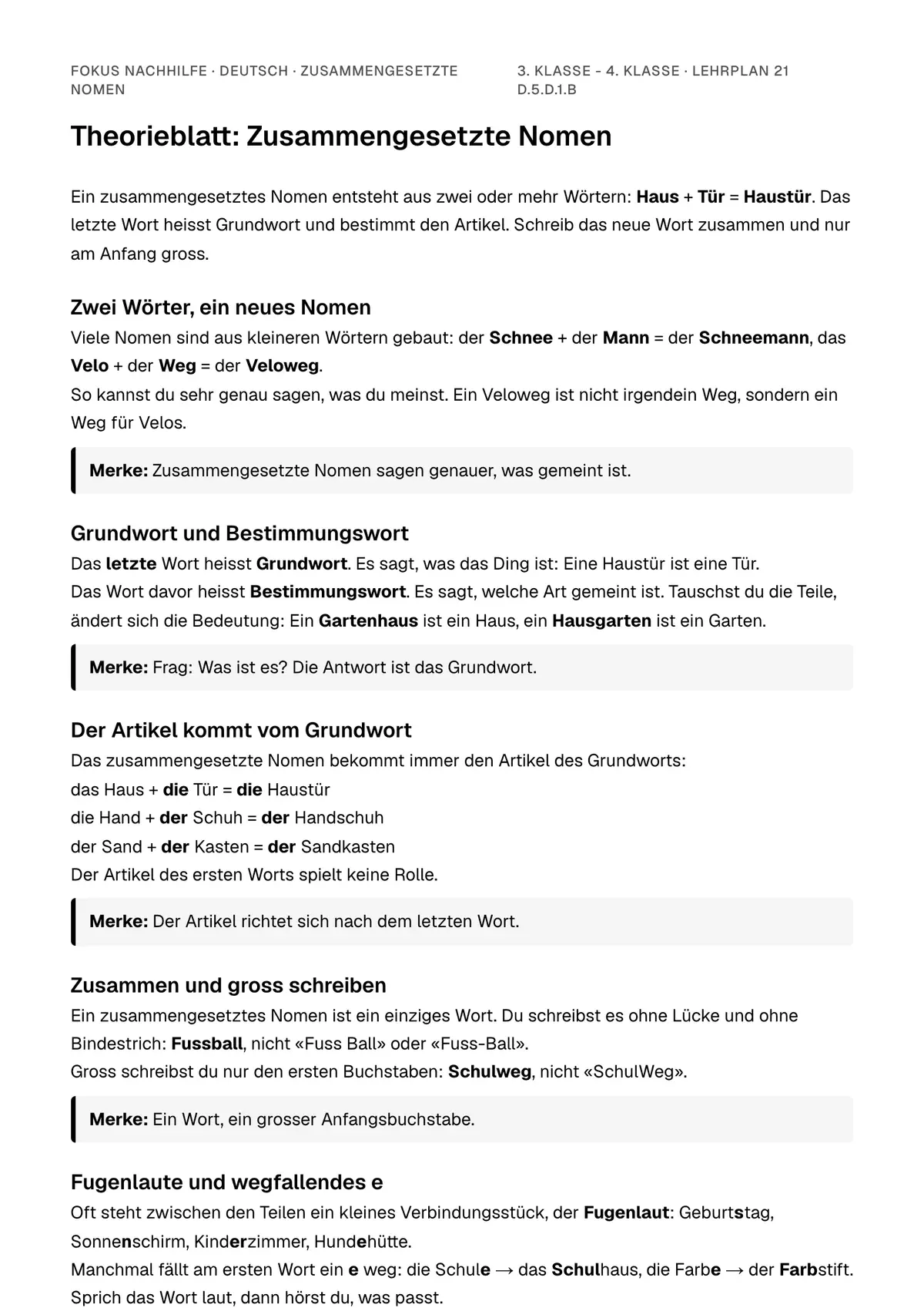 Theorieblatt Zusammengesetzte Nomen zum Ausdrucken: erste Seite der Erklärung