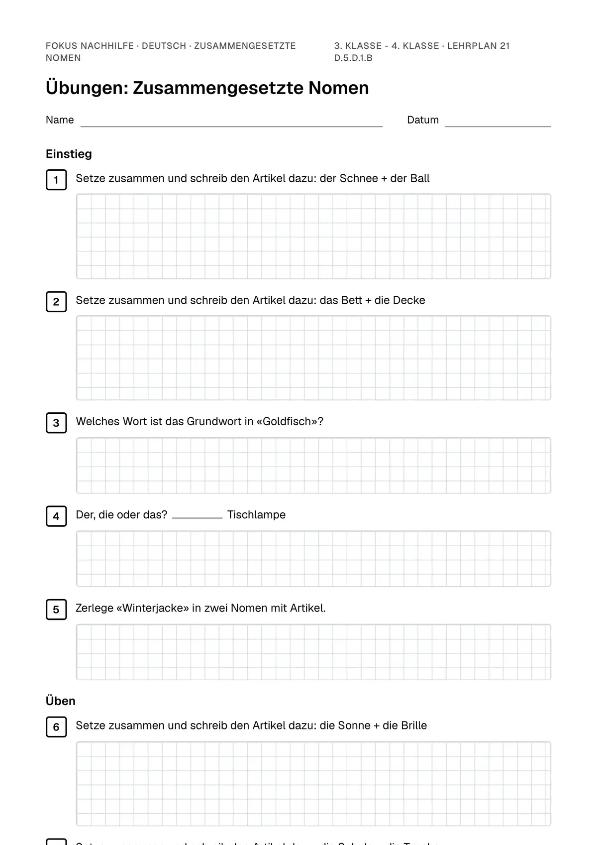 Übungsblatt Zusammengesetzte Nomen zum Ausdrucken: erste Seite der Übungen, Lösungen auf eigenem Blatt