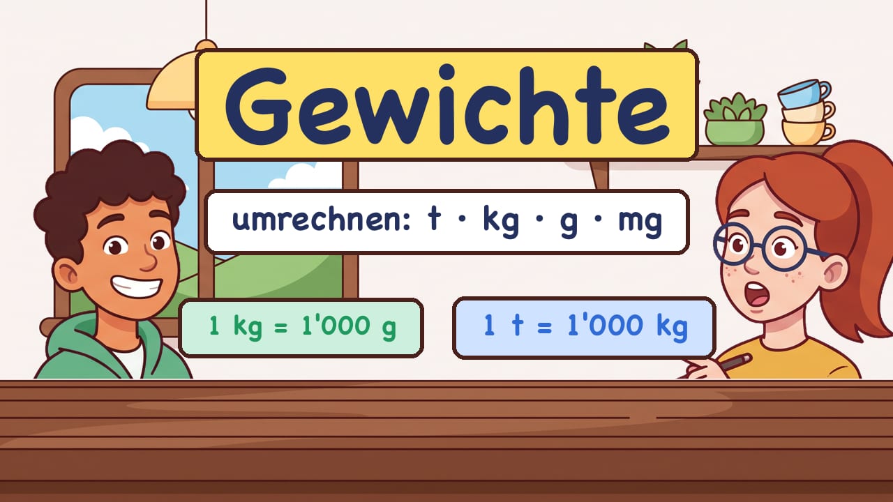 Erklärvideo «Gewichte umrechnen: t, kg, g, mg»: Vorschaubild mit Titel und Fox, dem Fuchs von Fokus Nachhilfe