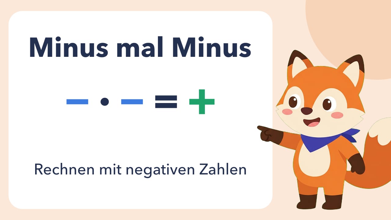 Erklärvideo «Minus mal Minus gibt Plus: Rechnen mit negativen Zahlen»: Vorschaubild mit Titel und Fox, dem Fuchs von Fokus Nachhilfe
