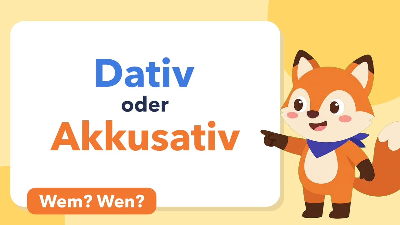 Erklärvideo «Dativ oder Akkusativ? So erkennst du den Fall»: Vorschaubild mit Titel und Fox, dem Fuchs von Fokus Nachhilfe